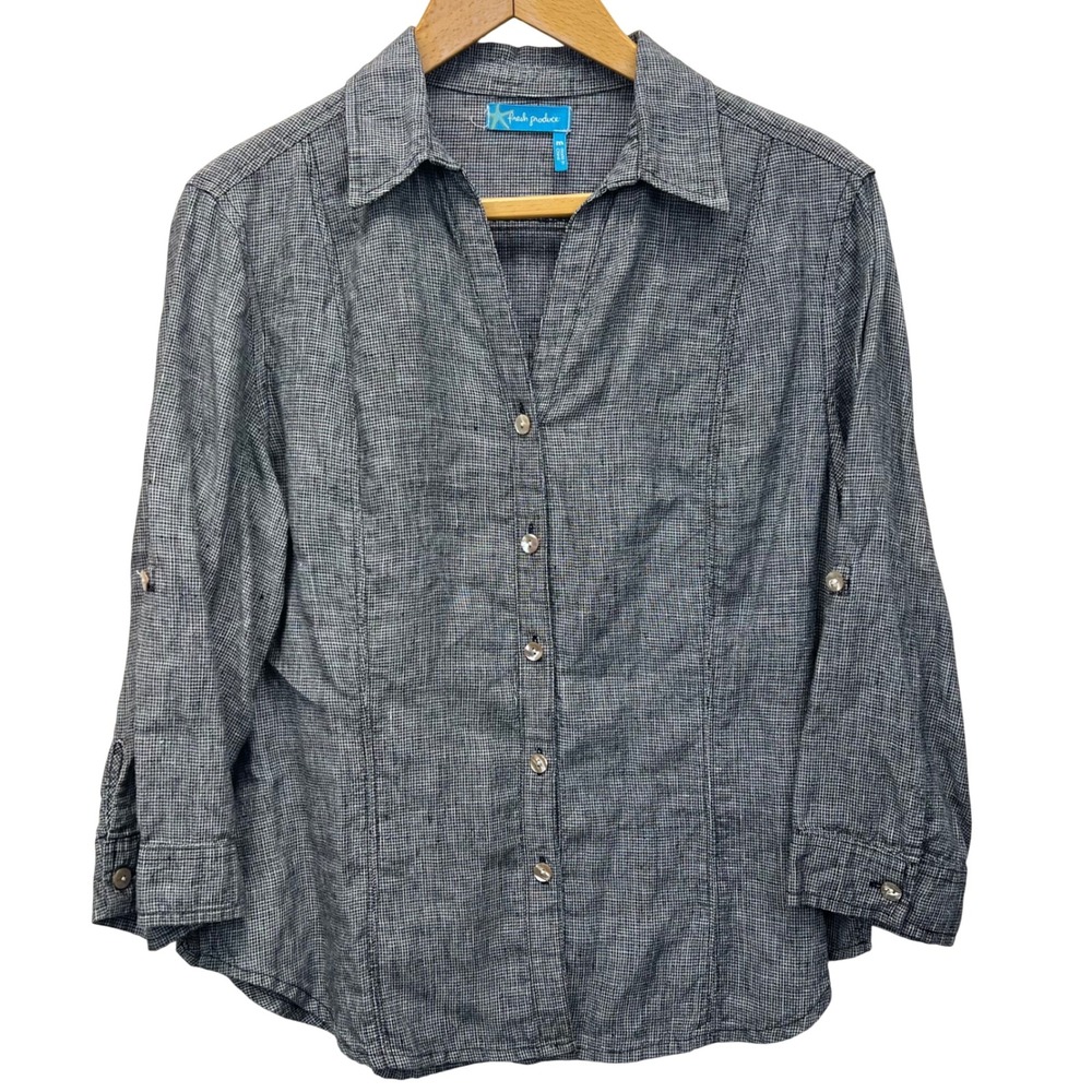 Fresh Produce Linen Button Down Shirt Womens Medium Black White Check Roll Tab